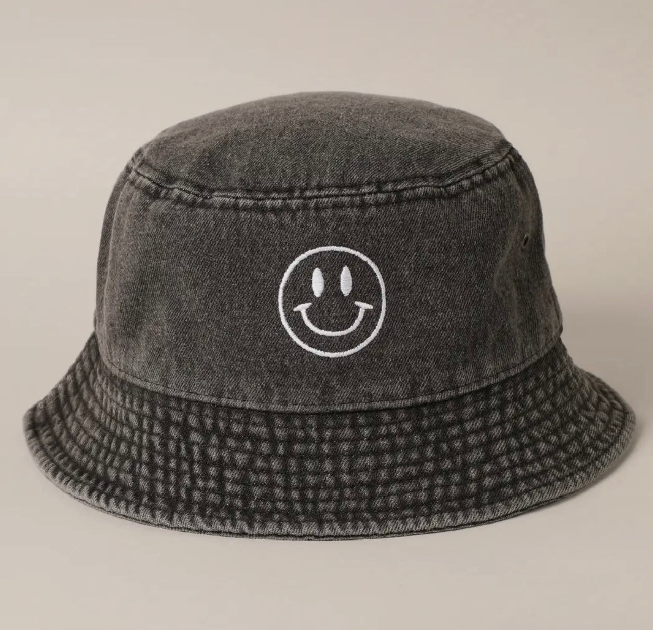 Happy Face Embroidered Denim Bucket Hat