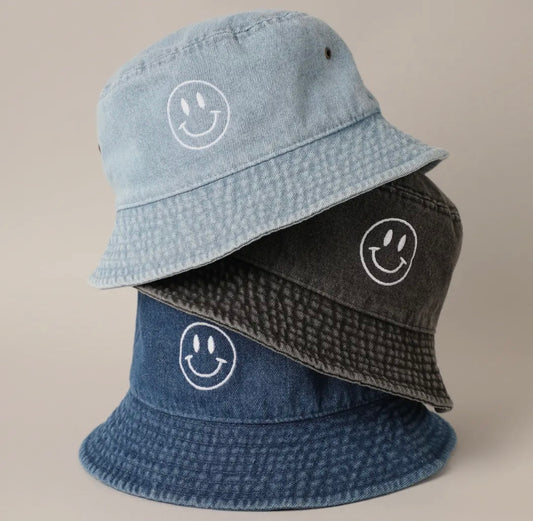 Happy Face Embroidered Denim Bucket Hat