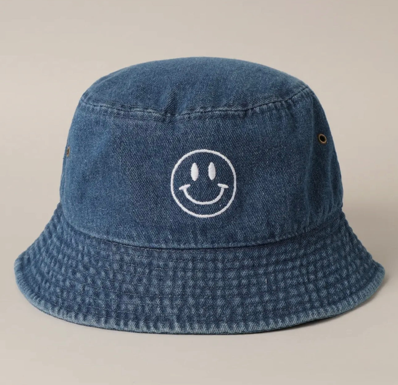 Happy Face Embroidered Denim Bucket Hat