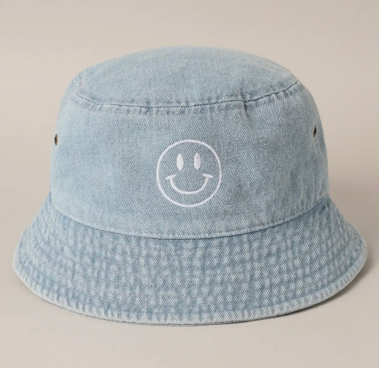 Happy Face Embroidered Denim Bucket Hat